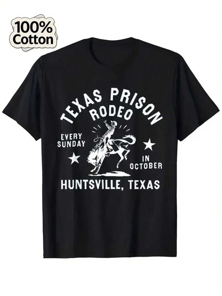 Men's Vintage Texas Rodeo Graphic T-Shirt - 100% Cotton Relaxed Fit Short Sleeve Tee With Cowboy & Bucking Horse Design, Heat Transfer Print For Casual Summer & Outdoor Wear, Cowboy Accessories, Durable Print Quality, Weekend Outfit, Breathable Fabric, Printed Shirt, Western Style Lovers Cool T Shirts Men Moisture Wicking T Shirt Meme T Shirt Men Faded Vintage Style Shirt Funny Mens Shirt Sayings - 黑9 - 查看 1