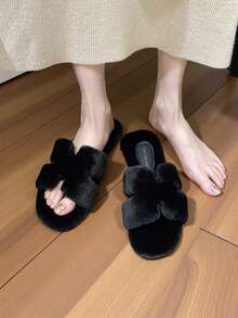 Dép xỏ ngón mềm mại, ấm áp, thoải mái khi đi trong nhà, dép xỏ ngón màu đen thoáng khí, dép đi trong nhà nhẹ cho mùa đông, dép đi trong nhà bằng vải nhung trơn màu - Đen 6-1 (Lông) - Xem 5