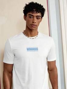 男士夏季字母印花圆领短袖休闲 T 恤和短裤套装，街头潮流