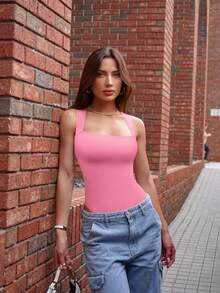 OQQ 3 Piece Bodysuits For Women Sexy Ribbed Strappy Square Neck Stretch Tank Tops Bodysuits - Black, Candy Pink, White - View 4