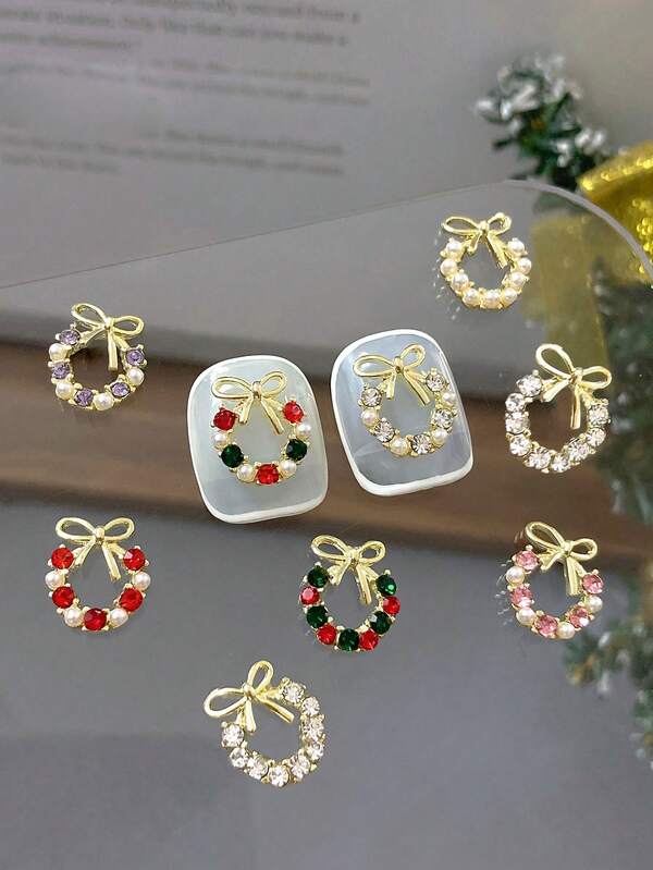 10 Pieces Of Golden Christmas Wreath Bow Colored Diamond Pearl Nail Supplies Three-Dimensional Metal Nail Decoration DIY Nail Jewelry Christmas Nails.
