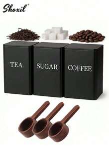 shoxil 三件套厨房储物罐，咖啡茶糖罐套装，白色/黑色带盖储物罐，配竹勺，复古金属密封盖储物罐套装，适用于存放咖啡、茶、糖等食品，厨房收纳，餐厅、客厅、茶室皆宜，馈赠亲友佳品 - 彩色 - 查看 1