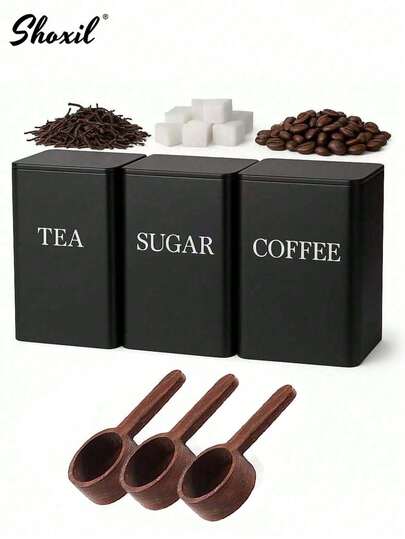 shoxil 3pcs Kitchen Storage Jars Set, Coffee Tea Sugar Canister Set, White/Black Kitchen Storage Canisters With Lids, Food Storage Jars With Bamboo Spoons, Vintage Metal Kitchen Canister Set With Airtight Lids, Food Storage Containers For Coffee, Tea, Sugar, Kitchen Organization, Dining Room, Living Room, Tea Room, Great Gift For Friends And Family