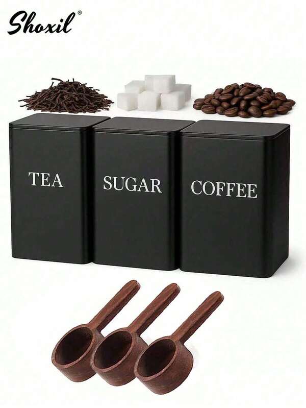 shoxil 3pcs Kitchen Storage Canister Set, Coffee Tea Sugar Container Set, White/Black Kitchen Storage Jar, Food Storage Tin Cans With Lids And Bamboo Spoons, Metal Vintage Kitchen Canister Set With Airtight Lids, Food Storage Container Jars For Coffee, Tea, Sugar, Kitchen Organization, Dining Room, Living Room, Tea Room, Gift For Friends And Family