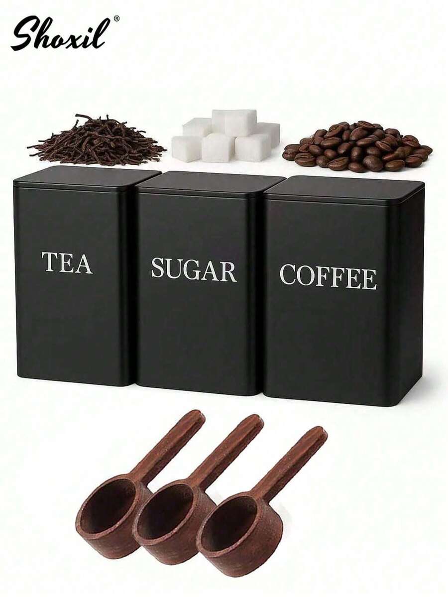 shoxil 三件套厨房储物罐，咖啡茶糖罐套装，白色/黑色带盖储物罐，配竹勺，复古金属密封盖储物罐套装，适用于存放咖啡、茶、糖等食品，厨房收纳，餐厅、客厅、茶室皆宜，馈赠亲友佳品 - 彩色 - 查看 1