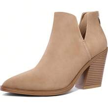 Women's Slip-On Ankle Boots – Cutout Pointed Toe Chunky Mid Heel Booties For Casual, Work & Daily Wear - Light Brown - 查看 1