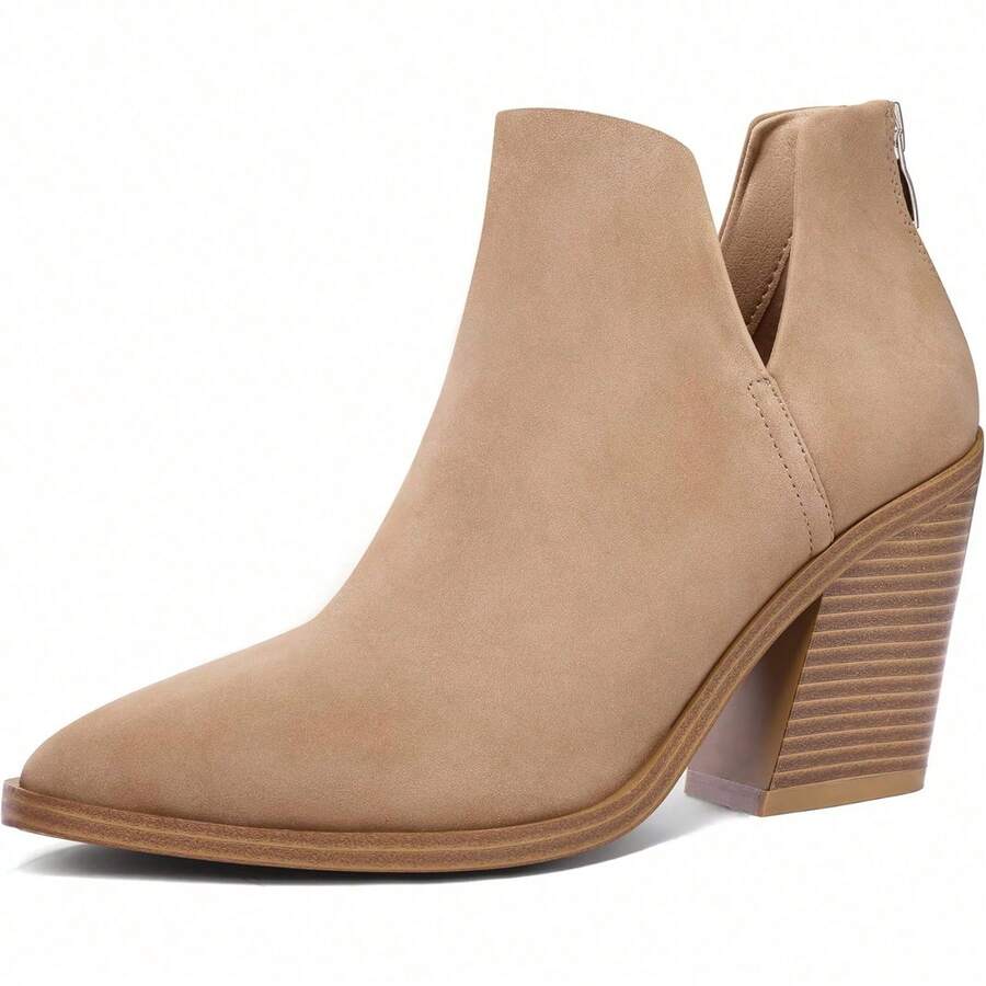 Women's Slip-On Ankle Boots – Cutout Pointed Toe Chunky Mid Heel Booties For Casual, Work & Daily Wear - Light Brown - 查看 1