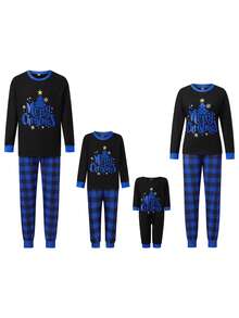 Christmas Matching Pant Set Long Sleeve Star Tree Print Tops + Plaid Pants Set Holiday Xmas Party Matching Outfit Clothes Set - Màu xanh lam - Xem 1