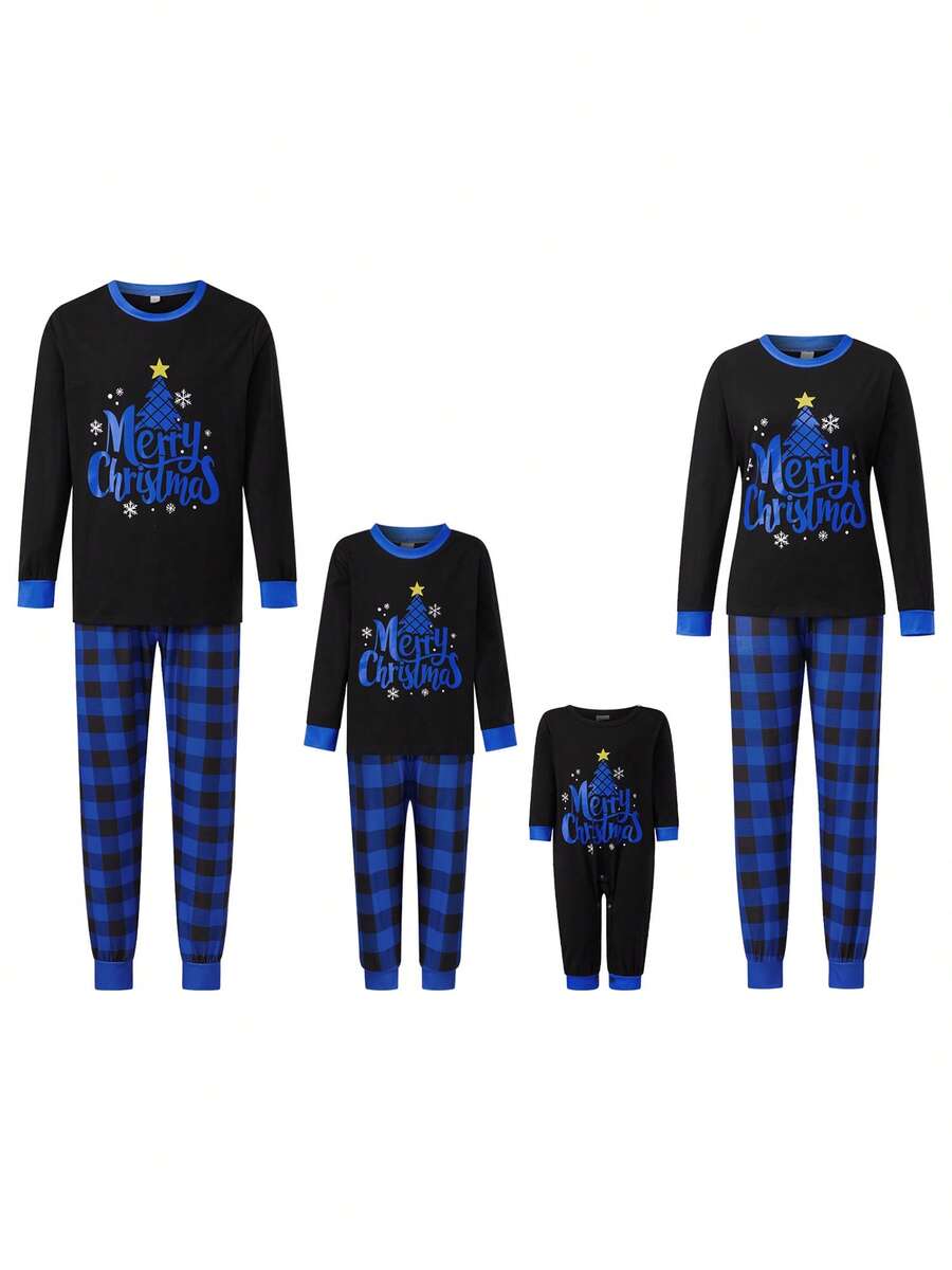 Christmas Matching Pant Set Long Sleeve Star Tree Print Tops + Plaid Pants Set Holiday Xmas Party Matching Outfit Clothes Set - Màu xanh lam - Xem 1