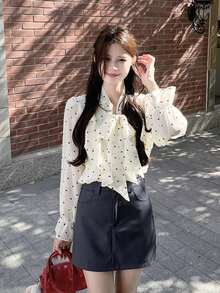 Summer New Ruffle Polka Dot Long Sleeve Blouse, Loose Bowknot Tie-Up Shirt TOPS For Women