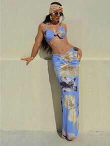Women's Two Piece Maxi Skirt Sets Summer Beach Sexy Ruched Backless Pearls Chain Decor Crop Top And Cut Out Skirt - 藍色 - 查看 2