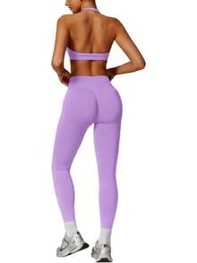 Workout Sets For Women Seamless Scunch Butt Lifting Impact Leggings Halter Sports Bra 2 Piece Gym Outfits - Câu cá Longline Red - Xem 7