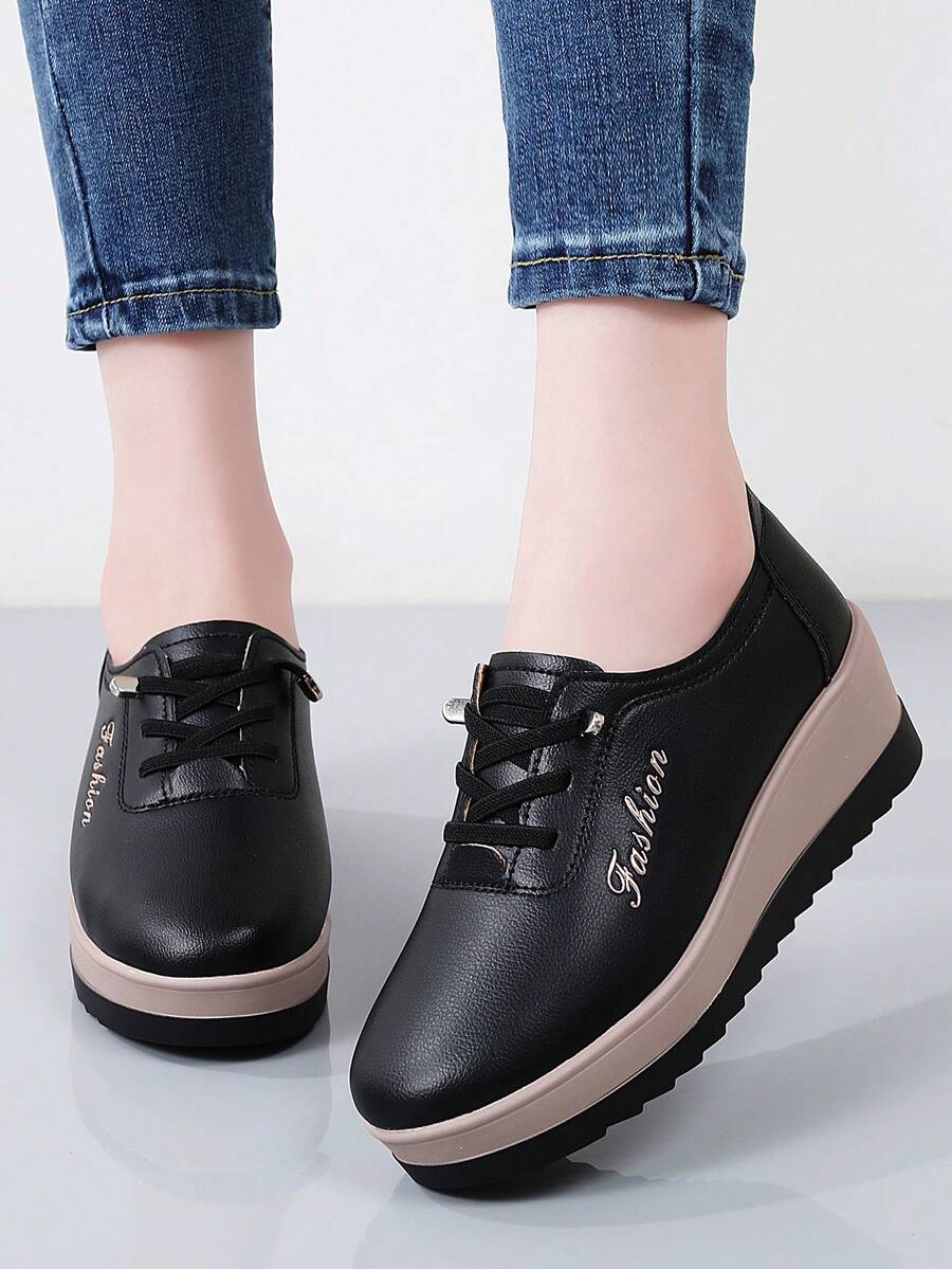 Fashionable Thick Sole Elastic Band Women's Shoes, Foil Print New Craftsmanship Platform Increase Height Make Legs Look Longer, Versatile Chunky Sole Slip-On Casual Shoes - Black - View 1