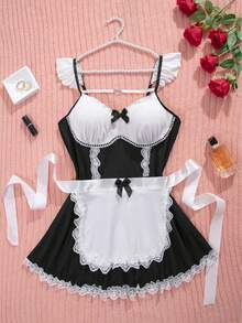 Vestido sexy plus size com babados e manga curta, laço e renda, patchwork, fantasia - Preto e Branco - Ver 1