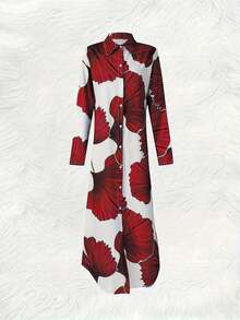 Plus Size Women's Elegant Floral Print Long Sleeve Button Down Shirt Dress, Fashionable Bohemian Full Body Print Casual V-Neck Maxi Dress With Side Slit, Polyester Blend, Machine Washable, Suitable For Spring/Summer/Fall, Ideal For Casual, Party, Vacation