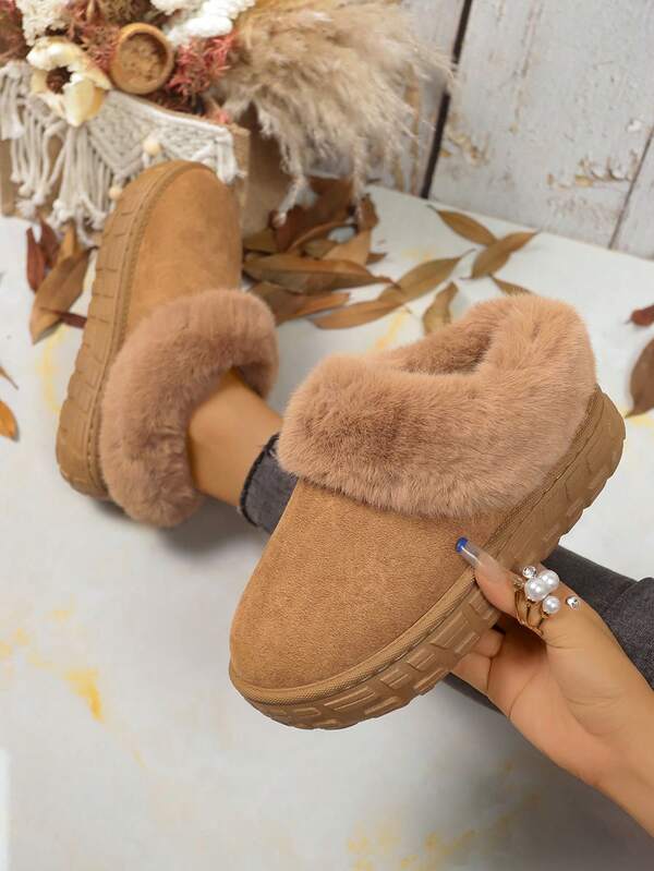 Women's Snow Boots New Fur Trim Heeled Ankle Boots, Thick Sole Warm Lined Short Boots, Anti-Slip, Suitable For Autumn/Winter