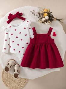 2pcs/Set Girls Casual Outfits - Heart Print Long Sleeve Top And Adjustable Strap Skirt With Headband, Spring/Autumn - Red - View 1