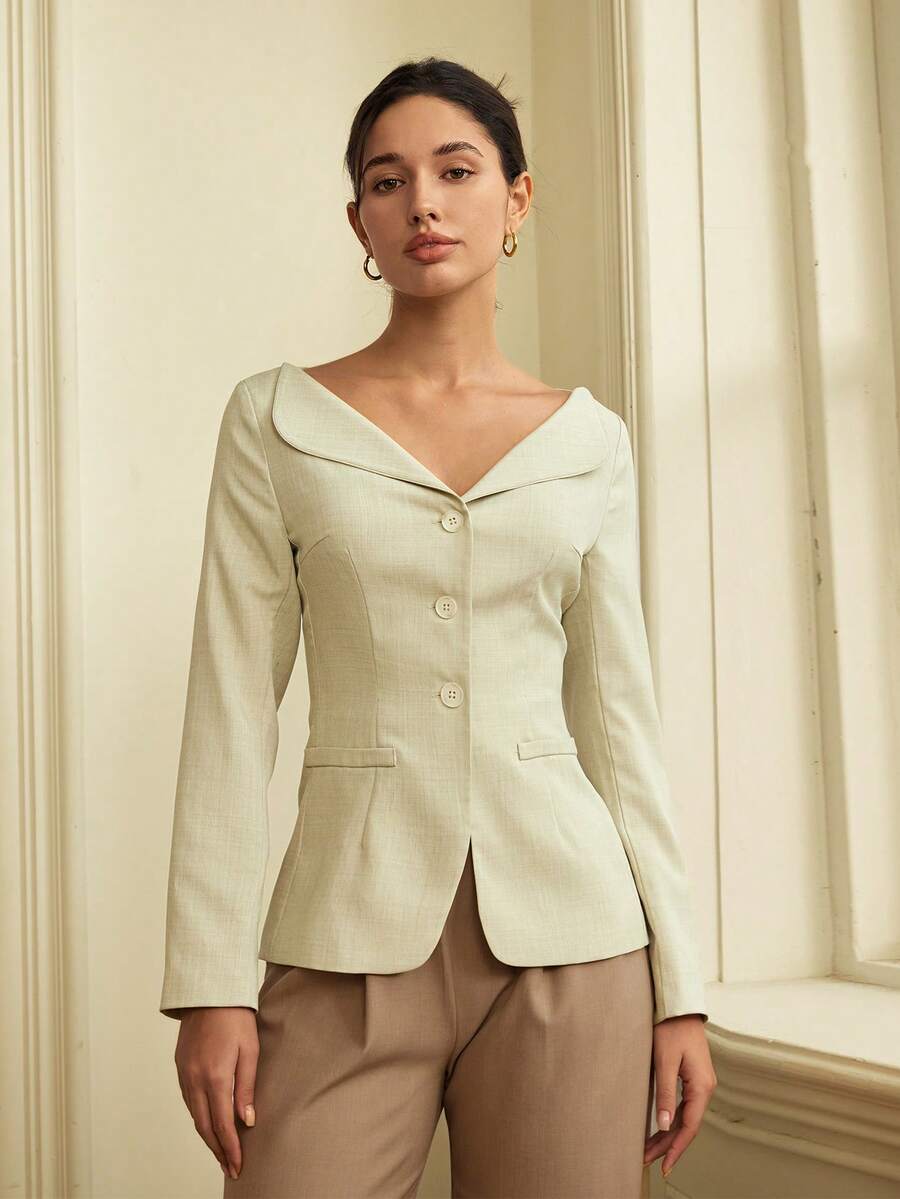 Women's Solid Color Elegant Curved Waist Blazer - Apricot - View 1