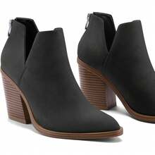 Women's Slip-On Ankle Boots – Cutout Pointed Toe Chunky Mid Heel Booties For Casual, Work & Daily Wear - Black Nubuck - View 3