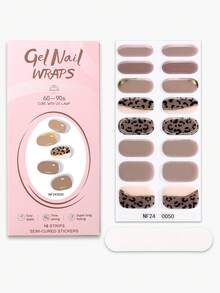 16pcs Leopard Print Semi-Cured Gel Nail Stickers, Brown & Gold Line Full Cover, Easy Nail Art, Salon Quality, Women Home DIY Nail Decals - Brown - View 8