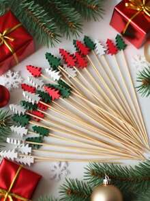 100 pièces Bâtonnets de fourchette de décoration d'arbre de Noël, de fruits colorés en bambou. Bâtonnets de décoration de boissons, bâtonnets à remuer, bâtonnets de décoration de gâteau de Noël créatifs. Cure-dents pour la dégustation d'aliments, convient pour la décoration de fêtes et de festivals.