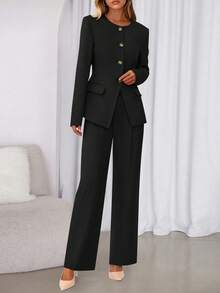 Women Two Piece Blazer Set Fall Casual Long Sleeve Blazer Jackets Wide Leg Pant Pockets Suits Autumn Fall Casual Formal Office Business Outfits - màu đen - Xem 4