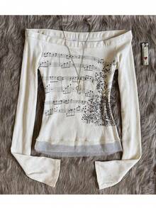 Grunge Off Shoulder Tops Women Long Sleeve Fitted 2000s Goth Emo Music Shirt Teen Girls Vintage Y2k Graphic Tee - trắng - Xem 5