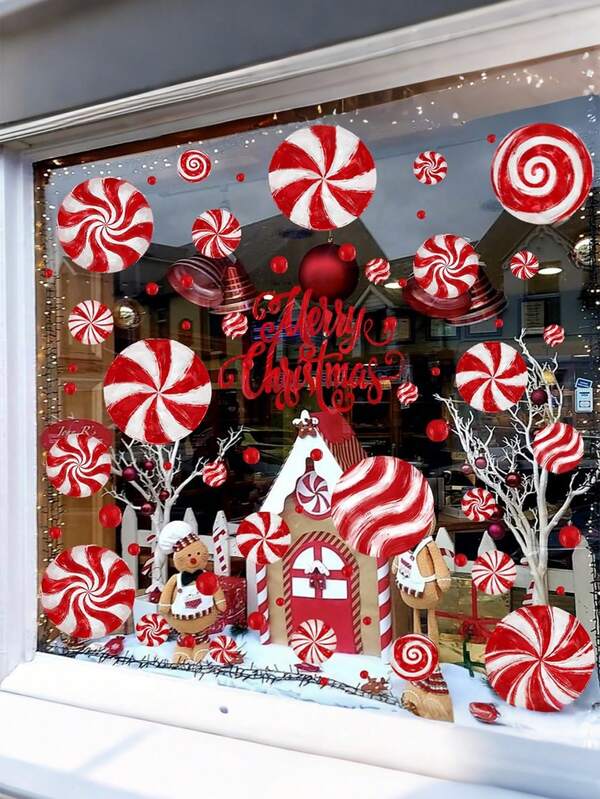 174pcs Christmas Window Clings, Candy Decals Oil Painting Christmas Red Candy Stickers For Xmas Home Office School Decor, Winter Glass Window Decoration, Christmas Window Clings - Candy Decorations For Windows & Offices Christmas Decorations Christmas Decoration Christmas Decorations Home Room Decor Home Decor