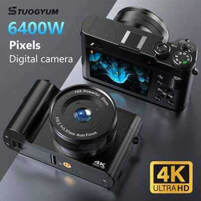 STUOGYUM Cámara digital STUOGYUM de 64MP 4K con cámara dual frontal y trasera, enfoque automático, luz flash, zoom digital 16X, estabilización de 6 ejes, con pantalla grande de 3.2 pulgadas, cámara compacta de viaje para fotografía y video, vlogging o selfie para principiantes, con tarjeta de 32G incluida