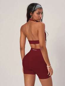 PinkTip Conjunto de camiseta ajustada sin espalda acanalada y shorts de ciclismo con puntas rosas, con soporte sin costuras moldeador, shorts de ciclismo de cintura alta para yoga y deportes casuales - Burdeos - Ver 6