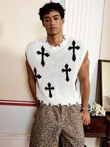 十字印花圆领磨边男士针织背心，街头风格 - 黑與白 - 查看 3