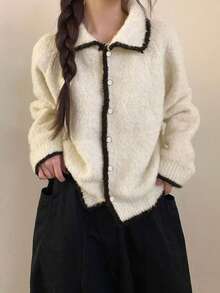 韩版秋冬新款复古毛绒领针织套头开衫短款外套 - 白色 - 查看 5