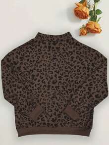 YI XUAN Sweatshirt Setengah Resleting Motif Leopard Ukuran Besar untuk Wanita, Sweatshirt Streetwear Longgar, Kasual Musim Gugur/Semi - Rust Brown - View 6