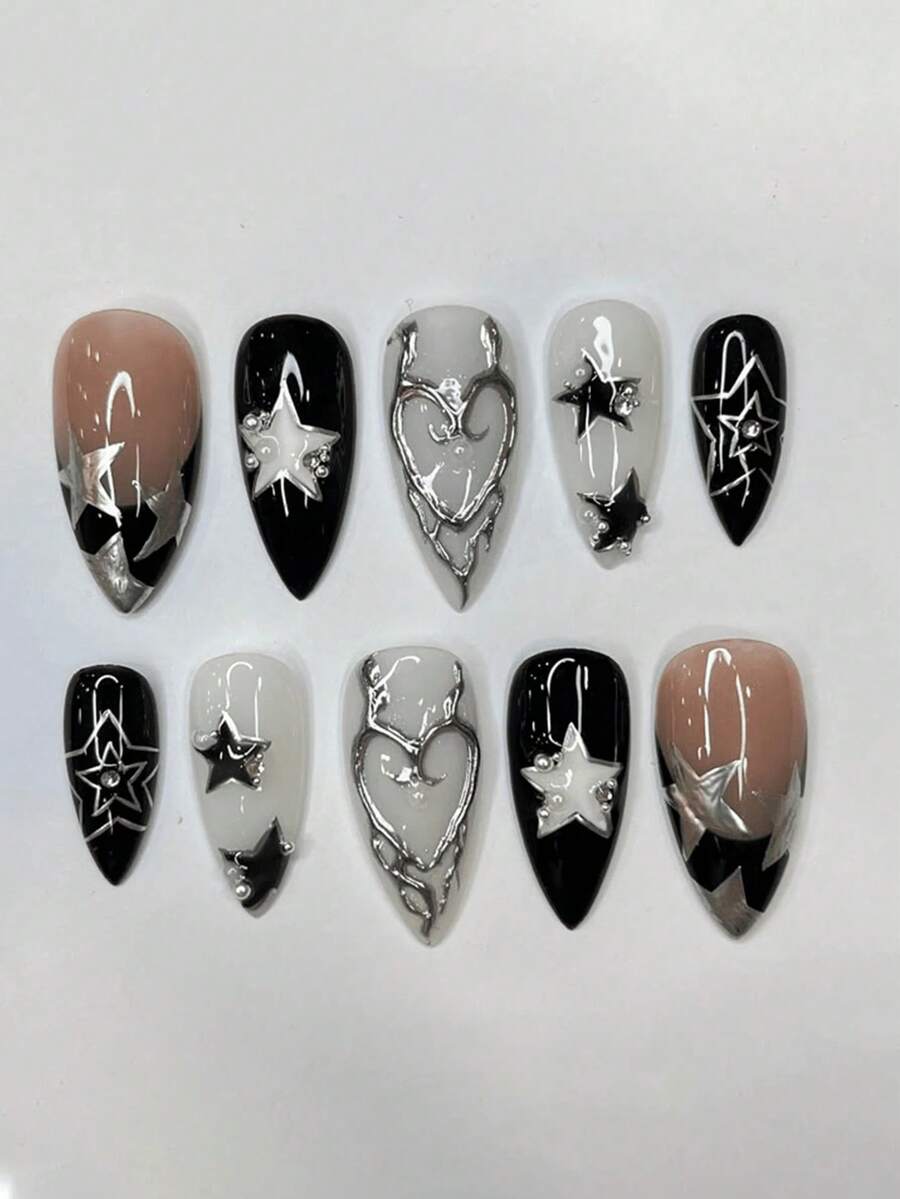 !! ! 10 Pieces Of Handmade Wearable Nails, Retro Old Money Pink Glossy Black And White French Style, With Diamonds, Medium Almonds, White Stars And 5D Silver Wire Decoration, With Jelly Glue And Rubbing Strips, Suitable For Daily Travel During The Four Seasons, Daily, Autumn And Winter Travel, Dating, Shows And Other Places Press On Nails Nail Supplies Nails