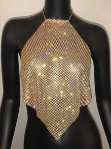 Women's Metallic Chain Rhinestone Necklace Strap, Shiny And Suitable For Music Festivals, Carnivals, Parties For Rave