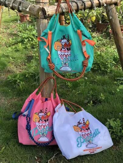 1 件时尚百搭刺绣手提包，冰淇淋图案，轻便通勤尼龙可折叠购物袋