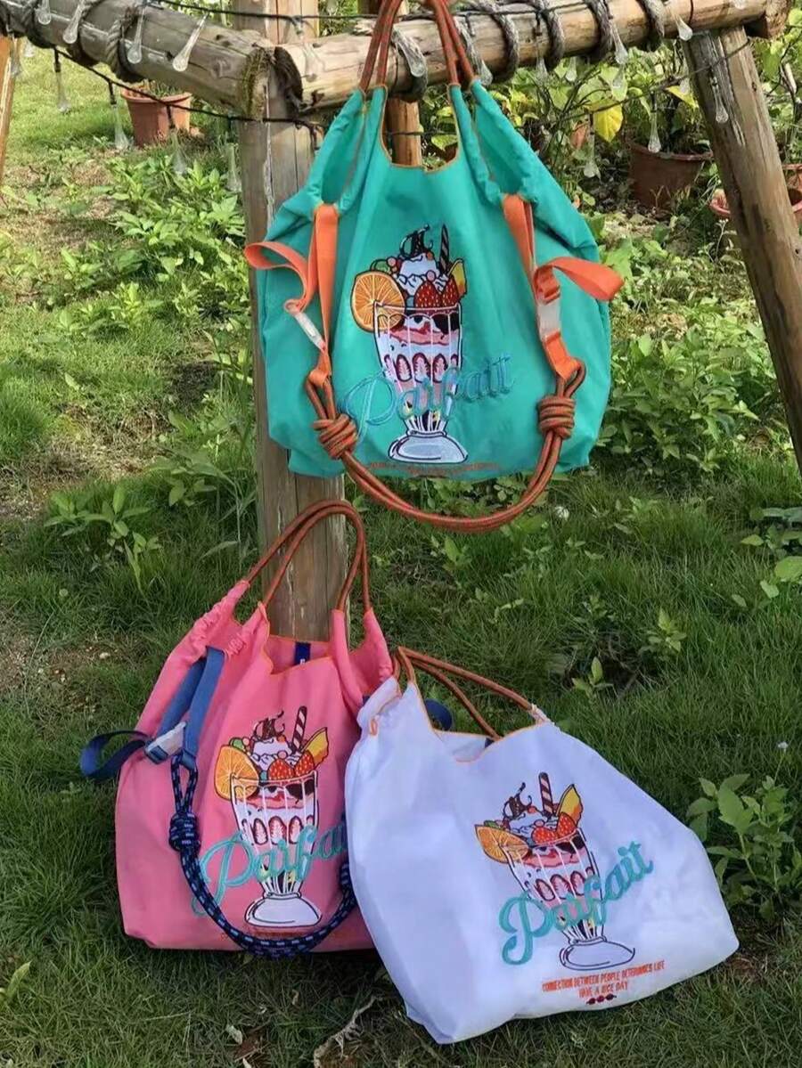 1 件时尚百搭刺绣手提包，冰淇淋图案，轻便通勤尼龙可折叠购物袋 - 彩色 - 查看 1