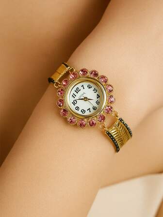 1 Pc Copper Crystal Accented Women's Dress Watch, Rhinestone Statement Jewelry Bracelet Style With Vintage Royal Inspired Look, Lightweight 29.5g Comfortable Fit, Adjustable 19cm+3cm Chain, Ideal For Wedding, Party, Birthday Gift, Everyday Casual Or Evening Wear