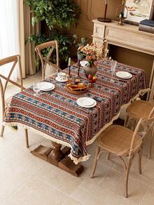 1 件波西米亚红色几何提花桌布，米色蕾丝花边装饰，适用于农舍厨房、餐厅、咖啡桌、床头柜、橱柜罩，适合晚餐、派对、生日、节日活动、所有季节、秋季 - 彩色 - 查看 6