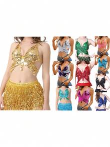 Women's Short Tops With Shiny Sequins Embellished Irregular Butterfly Look Sleeveless Camisole Vest - 水鴨藍 - 查看 8