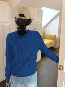 韩版优雅纹理圆领女式长袖刺绣套头毛衣