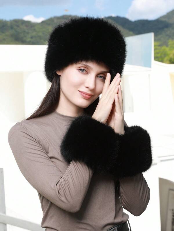 1 Conjunto de Gorro Sem Topo e Punhos de Manga Felpudos de Cor Sólida Feminino, Punhos de Manga à Prova de Vento para Outono/Inverno, Aquecedores de Pulso de Pele Sintética na Moda, Faixa de Cabeça Felpuda Grossa, Aquecedor de Pescoço para Uso Externo, Adequado para Looks de Outono no Dia a Dia