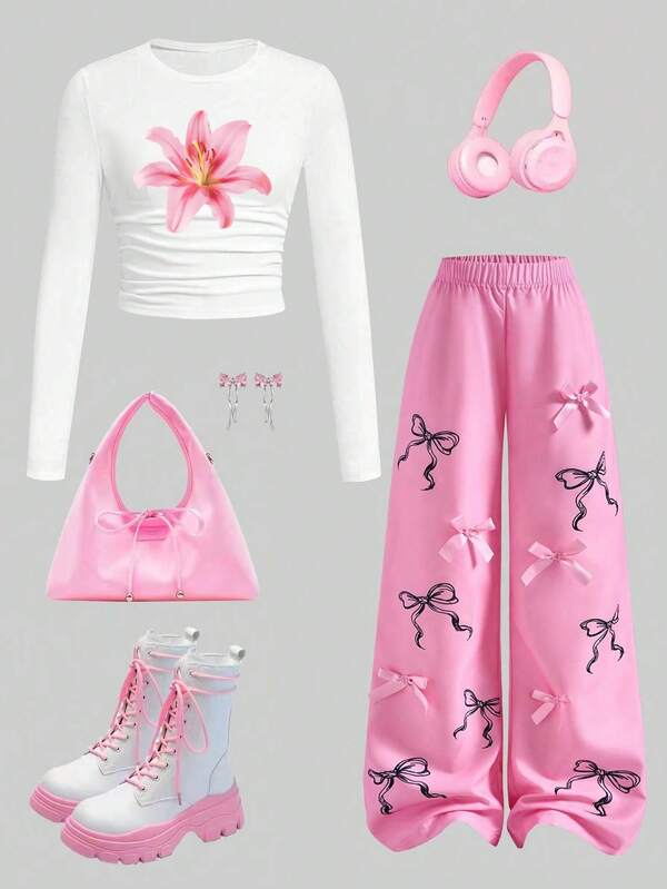 Tween Girl Cartoon Print Long Sleeve Top And Digital Print Bowknot Pants Set