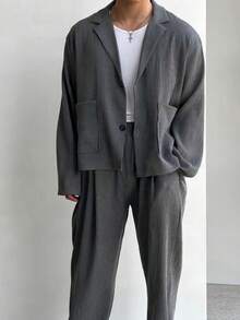 男士高品质纹理休闲西装套装，包括夹克和宽松长裤，春秋季 - 灰色 - 查看 6