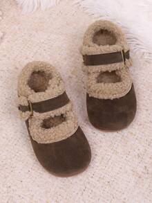 幼儿保暖毛绒魔术贴圆头平底套脚毛绒鞋，适合秋冬季穿着 - 棕色 - 查看 4