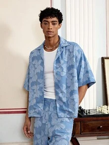 SWAVVY 男士牛仔效果镂空宽松短袖衬衫和短裤套装，街头风格 - 淺藍色 - 查看 3