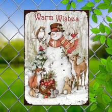1pc Vintage Christmas Snowman Wall Art Wooden Sign With Winter Forest Scene, Wildlife And "Warm Wishes" Text - Indoor/Outdoor Home, Party Or Gift Decor, Outdoor Christmas Decoration, Holiday Home Decor