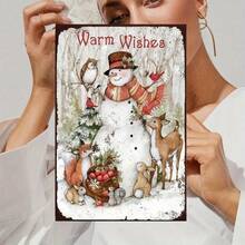 1pc Vintage Christmas Snowman Wall Art Wooden Sign With Winter Forest Scene, Wildlife And "Warm Wishes" Text - Indoor/Outdoor Home, Party Or Gift Decor, Outdoor Christmas Decoration, Holiday Home Decor
