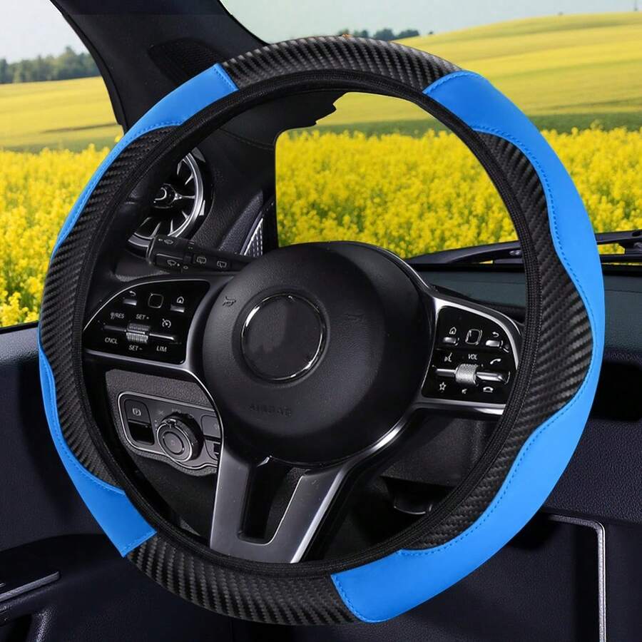 1 pieza Cubierta de volante de coche de fibra de carbono cómoda, se ajusta a volantes de 14.5-15 pulgadas, accesorio interior de coche unisex, adecuado para todas las estaciones