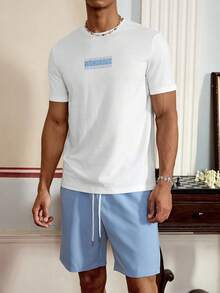 男士夏季字母印花圆领短袖休闲 T 恤和短裤套装，街头潮流